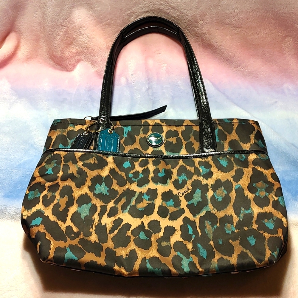 Coach Ocelot Print Tote Jade Multicolor Medium Shoulder Bag Hand Bag